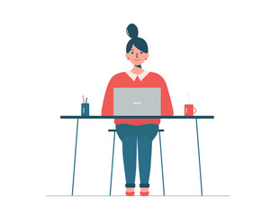 Woman sitting with laptop and working from home. Freelance concept