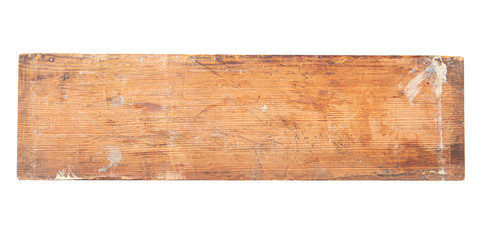 Close-up old vintage dirty pine plank with stains of paint isolated on white background