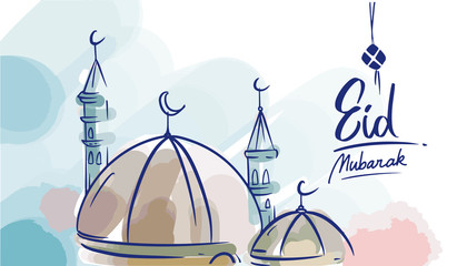 Hand drawn Sketch of mosque for Eid mubarak greetings card with watercolor Background. Greetings card for ramadan kareem celebartion. Vector Illustration.