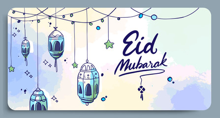 Basic RGBHand drawn Sketch of lantern for Eid mubarak greetings card with watercolor Background. Greetings card for ramadan kareem celebartion. Vector Illustration