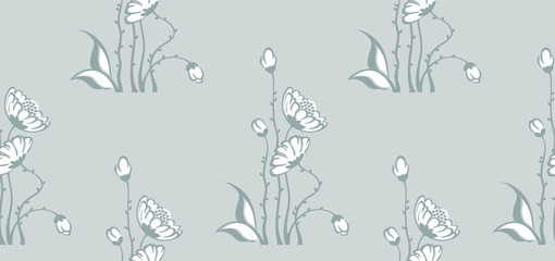 Daisy flower ornamental printing seamless pattern, vector template