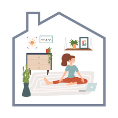 Young woman doing yoga activity at cozy home. Yoga, fitness, stretching online class. COVID-19 virus outbreak, social distancing, sport exercise at Home. Flat cartoon vector illustration.