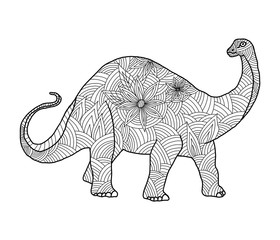 Stylized herbivore dinosaur coloring page diplodocus on an isolated white background. Anitstress and development for children and adults. Zentangle style. Print on fabric. Vector stock illustration.