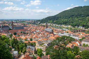 Fototapeta na wymiar hot summer day viewpoint on Heidelberg castle view on old town and the church, Baden Wuerttemberg,