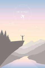 time to travel girl in the mountains by the river landscape vector illustration EPS10