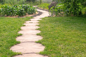 Garden stone path with grass growing up between the stones