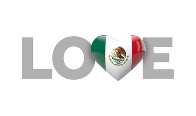 Love Mexico heart shaped flag with love word. 3D Rendering