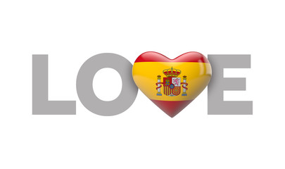 Love Spain heart shaped flag with love word. 3D Rendering