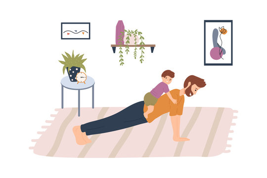 Young father and son do sport activity at cozy home. Yoga and fitness, healthy lifestyle during quarantine. Sport with children, family time concept. Flat cartoon vector illustration.