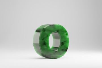 Jade 3d letter O lowercase. Jade letter isolated on white background. Green jade semitransparent stone alphabet. 3d rendered font character.