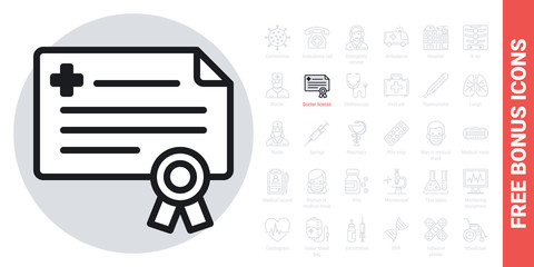 Doctor license or medical certificate icon. Simple black and white version. Free bonus icons kit included