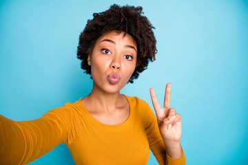 Self-portrait of her she nice attractive lovely sweet cheerful cheery wavy-haired girl showing...
