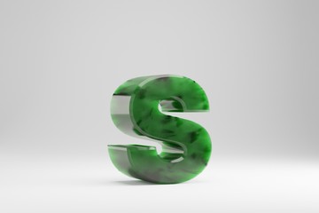 Jade 3d letter S lowercase. Jade letter isolated on white background. Green jade semitransparent stone alphabet. 3d rendered font character.
