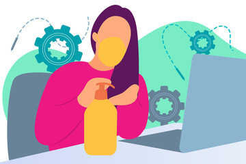 vector illustration of working from home in a flat style, with a woman wearing a mask who is working at home in front of a laptop and using hand sanitizer