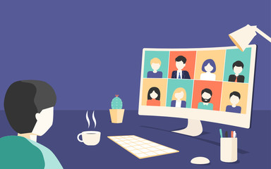 Videoconferencing and online meeting . Video conference landing. People on desktop computer  screen taking with colleague. vector illustration.