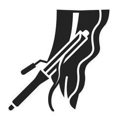 To curl hair black glyph icon. Curling iron. Hairdresser services. Professional hair styling. Beauty industry. Pictogram for web page, promo. UI UX GUI design element
