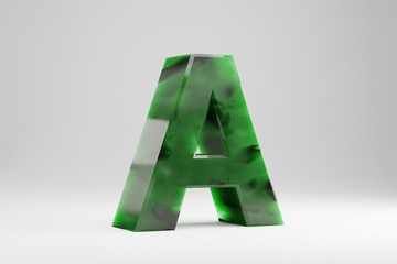 Jade 3d letter A uppercase. Jade letter isolated on white background. Green jade semitransparent stone alphabet. 3d rendered font character.
