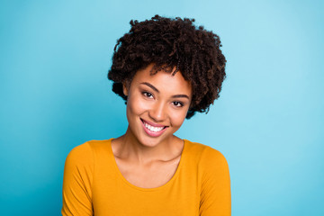 Close up photo of charming attractive nice afro american girl enjoy autumn rest relax free time...
