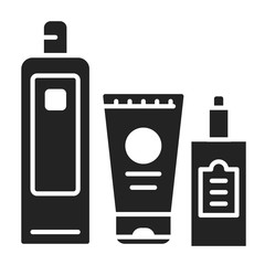 Comprehensive hair care black glyph icon. Cosmetic products: shampoo, conditioner, oil. Beauty industry. Pictogram for web page, mobile app, promo. UI UX GUI design element.
