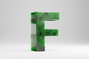 Jade 3d letter F uppercase. Jade letter isolated on white background. Green jade semitransparent stone alphabet. 3d rendered font character.