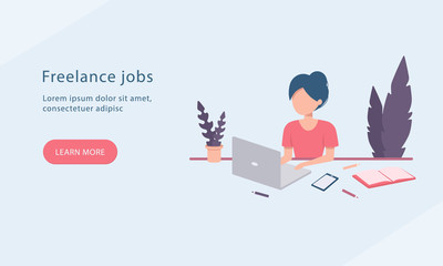 Website template. Girl works on laptop. Freelance, online job concept