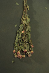 Bouquet of dried little pink roses on a grey surface.