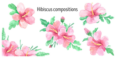 Watercolor pink hibiscus clipart. Hawaii fowers illustrations. Hibiscus and leaves compositions. Tropical floral wreath, exotic botany frame. Summer flower composition, paradise plants