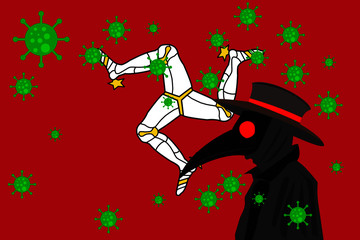 Black plague doctor surrounded by viruses with copy space with ISLE OF MAN flag.
