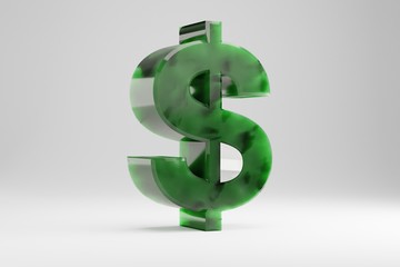 Jade 3d dollar symbol. Jade sign isolated on white background. Green jade semitransparent stone alphabet. 3d rendered font character.