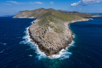 Lighthouse at cape Tainaron lighthouse in Mani Greece. Cape Tenaro, (Cape Matapan) is the southernmost point of mainland Greece