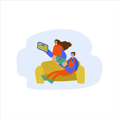 Vector illustration Mom and son are sitting at home, reading a newspaper or news on a tablet. Sitting at home, home furnishings: sofa carpet, potted flowers. Events related to news and global events