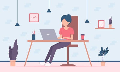 Girl works on laptop. Home office, freelance, studying concept