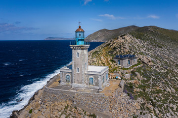 Fototapeta na wymiar Lighthouse at cape Tainaron lighthouse in Mani Greece. Cape Tenaro, (Cape Matapan) is the southernmost point of mainland Greece