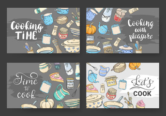 Set of cooking cards with cooking utensils, food and lettering