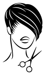 Silhouette of a cute lady. The girl shows a hairstyle on medium and short hair and scissors. Suitable for logo, hairdresser advertising. Vector illustration