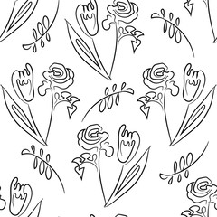 Wildflowers seamless pattern. Roses, tulips. Line art on a white background. Vector illustration