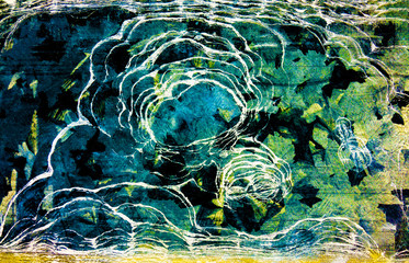 The diver
Colorful abstract picture with expressionists influences who evokes someone diving in a tumultuous river. We can see a tiny water spirit on his side.