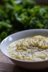 Organic leak and potato soup, made at home during the coronavirus lockdown in Devon, UK