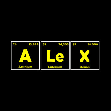 Alex - logo t-shirt. Chemistry name. Name design in the form of chemical elements. Name print on clothes.