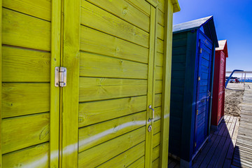 Colored huts on the beach of Villajoyosa, Alicante, Spain