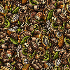 Chocolate hand drawn doodles seamless pattern. Cocoa vector illustration.