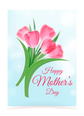Happy Mother's Day Greeting Card. Flyer with Bouquet of Tulips on a Blue Sky Background. Flower Vector Postcard