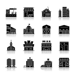 Industrial buildings drop shadow black glyph icons set. High rise skyscrapers. Car parking. Cinema theater. Urban district. City constructions. Isolated vector illustrations on white space