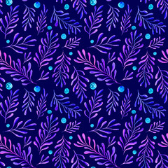 Botanical seamless pattern - watercolor hand-drawn pattern of branches, leaves and berries on a dark blue background. Space style, bright combination of colors.