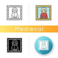 Medieval art style icon. European cultural movement. Religious painting. Saint portrait artwork. Christian iconography. Linear black and RGB color styles. Isolated vector illustrations