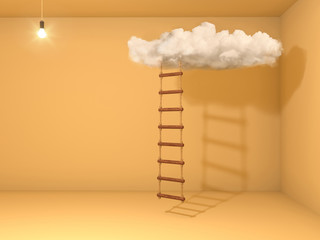 Room with a light bulb and stairs leading to clouds. Rope-ladder to growth, future concept. The...