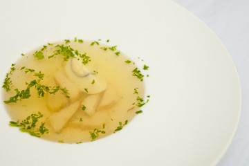 Soup with egg and meat, on a large white plate, white background