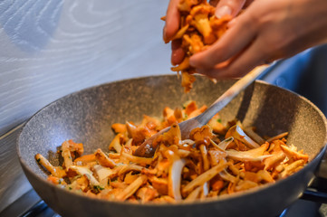 adding chanterelle mushrooms to cook in a frying pan