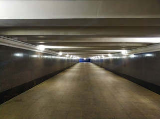 Underground city tunnel with lighting. Russia, Moscow.