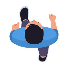 Man walking forward semi flat RGB color vector illustration. Movement direction. Person in casual clothes. Student in blue shirt. Male isolated cartoon character top view on white background